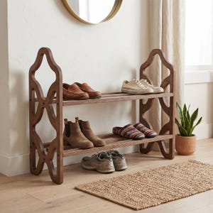 May include: A dark brown wooden shoe rack with three shelves, holding various pairs of shoes. The rack has a decorative, openwork design on the sides. A small woven rug sits in front of the rack.