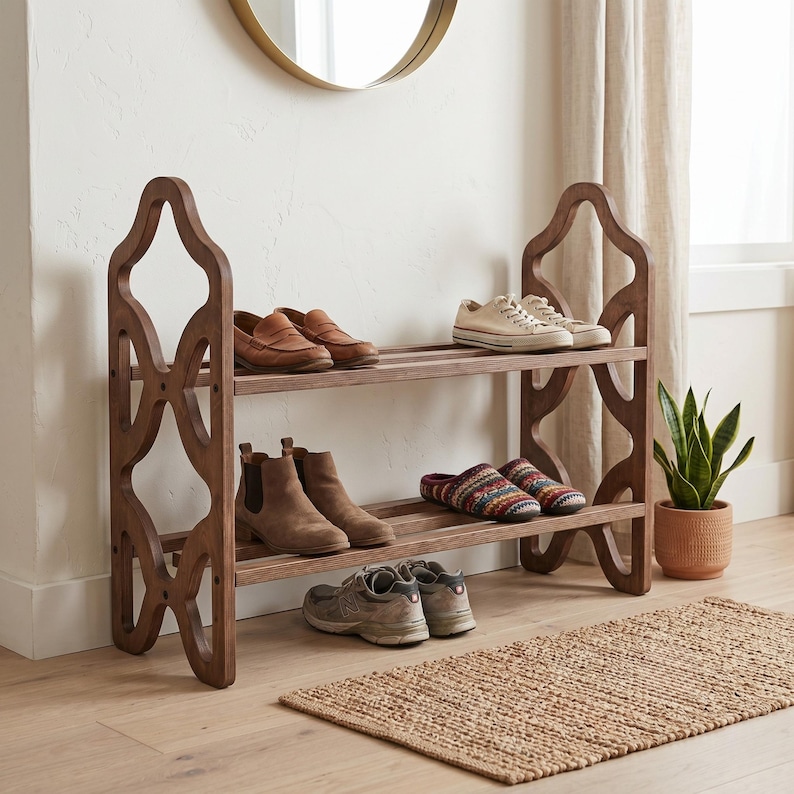 May include: A dark brown wooden shoe rack with three shelves, holding various pairs of shoes. The rack has a decorative, openwork design on the sides. A small woven rug sits in front of the rack.