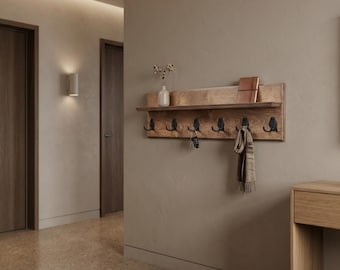 Handcrafted Wooden Wall Coat Rack with Shelf – Farmhouse Entryway Organizer with Hooks (20–45 Inch)