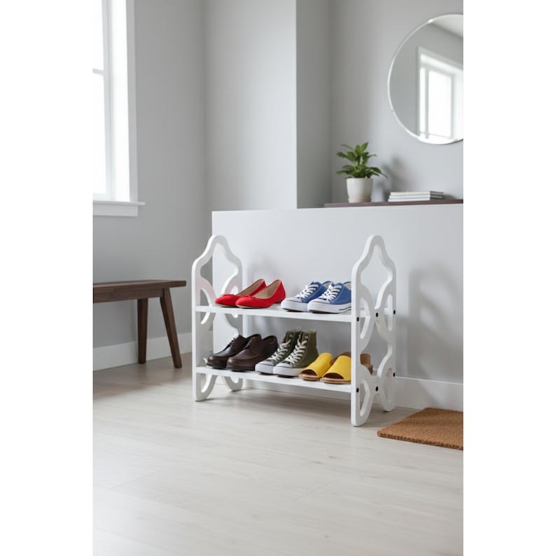 May include: A white, two-tiered shoe rack with an ornate design. The rack holds various shoes, including red heels, blue sneakers, and brown leather shoes. The rack is in a well-lit room with a wooden bench and a round mirror.