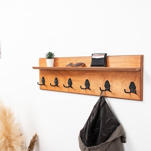 Rustic Wall Mounted Coat Rack with Shelf, Handmade Wooden Entryway Organizer with Hooks, Farmhouse Key Holder, Hallway Storage