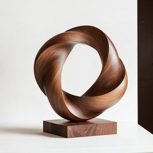 Wood Sculpture Abstract Infinity Loop Minimalist Solid Timber Statue Artisan Hand Carved Double Helix Modernist Home Decor Unique Art Gift