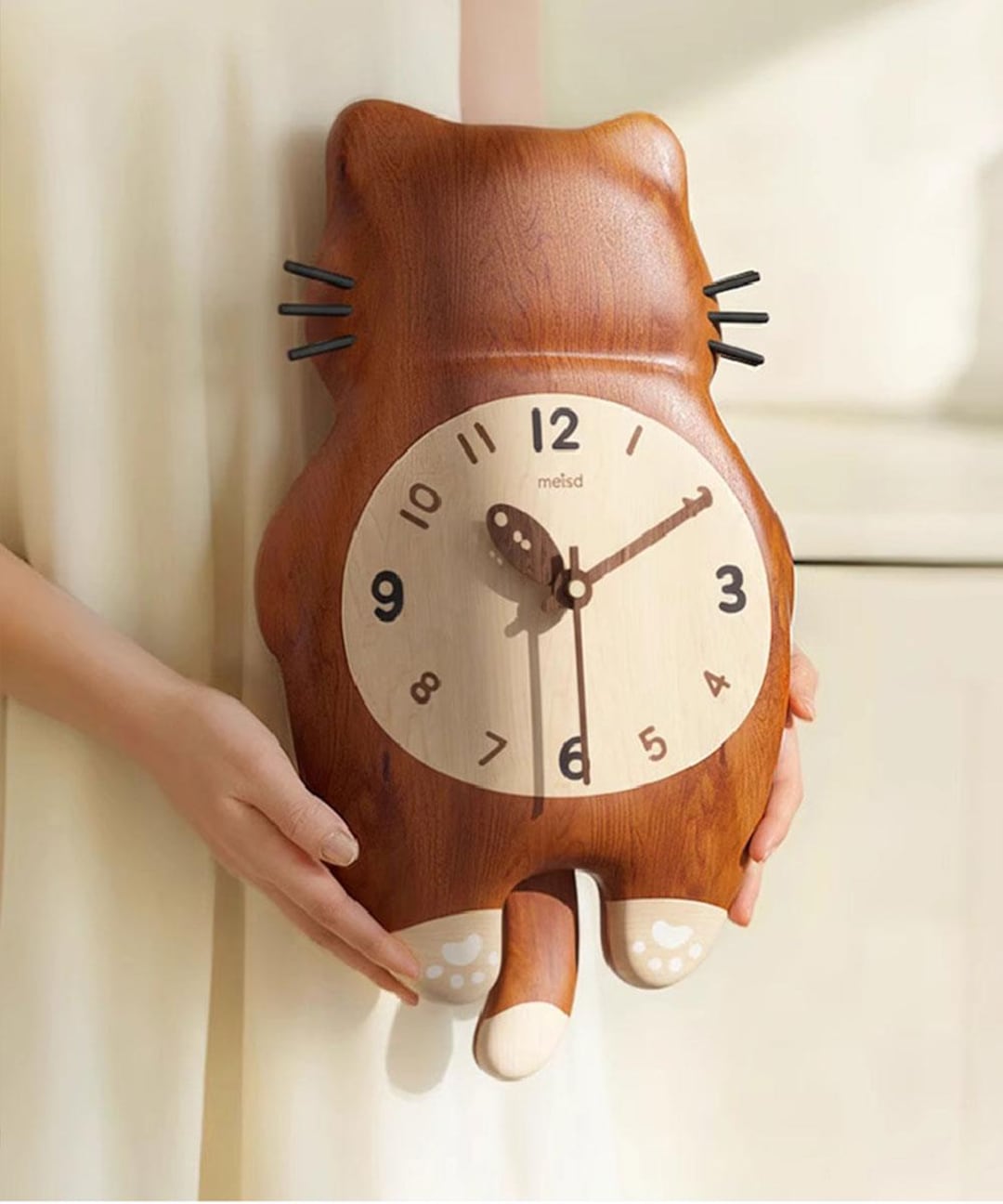Rustic Cat Clock Solid Wood Silent Cat - Shaped Wall Clock, Cute Animal - Themed Home ...