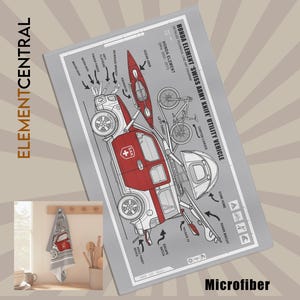 Puede incluir: Una toalla rectangular de microfibra con un diagrama técnico de líneas de un vehículo Honda Element rojo y blanco. El gráfico incluye etiquetas para varios accesorios como un kayak, una bicicleta y equipo de camping, con el texto ElementCentral.