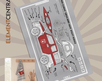 Honda Element campinghandduk | #ElementLife mikrofiberhandduk | Äventyrsbrödrost campingutrustning för bilar | Schweizisk armékniv tekniskt diagram present