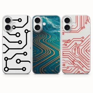 May include: Three smartphone cases featuring circuit board patterns. The left case has black lines on white, the center case displays gold circuits merging into a blue ocean wave, and the right case features red circuit lines on a white background.