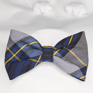 May include: A blue, gray, and yellow plaid bow tie.