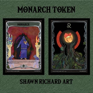 May include: Two playing cards with black borders and gold accents. The card on the left has a red background and features a robed figure holding a book. The card on the right has a black background and features a red flower with a yellow center. Both cards have the text "Monarch" and "Unlimited" printed on them.