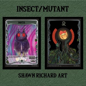 May include: Two trading cards with a fantasy theme. The card on the left features a black moth with red eyes and the text "MOTH". The card on the right features a flower with a glowing center and the text "&" above it.