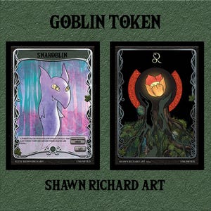May include: Two goblin token cards with illustrations. The first card features a purple goblin with yellow eyes and the text "Snakohlin". The second card features a red and green illustration of a tree with a glowing flower and the text "&" above it.