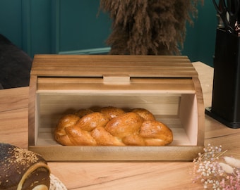 Farmhouse Wooden Bread Box, Rustic Kitchen Storage With Roll Top Lid, Natural Wood Breadbin For Countertop, Country Style Bread Keeper
