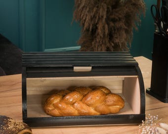Wooden Bread Box with Roll Top Lid, Black Countertop Bread Storage for Kitchen, Compact Bin for Loaves and Pastries, Modern Food Organizer