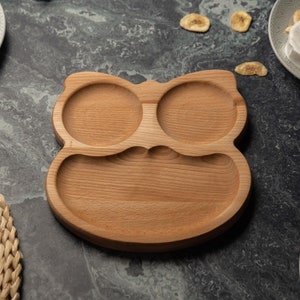 Wooden Kids Plate, Owl Shape Baby Food Tray, Toddler Feeding Plate, Divided Natural Wood Dish, Eco-Friendly Baby Meal Tableware