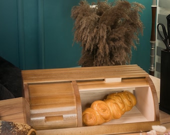 Wooden Bread Box with Sliding Lid, Compact Countertop Storage for Loaf or Pastries, Keeps Bread Fresh and Kitchen Neat, Modern Rustic Design