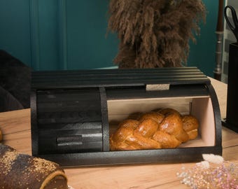 Modern beech wood bread box with lid, Large roll top bread bin for kitchen countertop, Natural wooden storage box for fresh bread