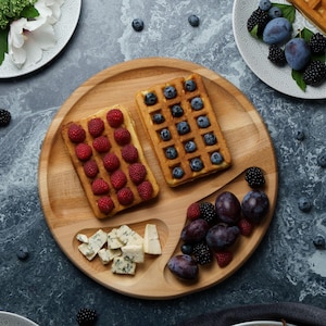 Round wooden serving board with snack sections, personalized charcuterie tray for brunch, housewarming gift or rustic kitchen decor
