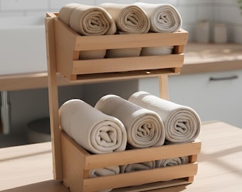2-Tier Wooden Storage Rack, Countertop Towel Holder for Bathroom, Bathroom Organizer Shelf, Rustic Home Organizer, Kitchen Counter Storage