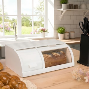 Wooden Bread Box with Two Compartments and Roll Top Lid, Large Kitchen Organizer