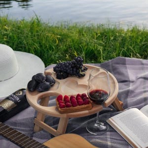 Round Wooden Picnic Table with Wine Glass Holders, Portable Snack Tray, Folding Outdoor Table for Cheese, Fruit, Wine, Personalized Gift