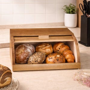 Brown Bread Box, Wooden Organizer for Buns and Bakery, Kitchen Comfortable Food Storage, Roll-Top Bread Keeper, Mothers Day Gift