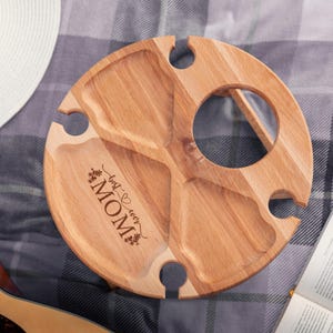 Personalized Folding Wine Picnic Table for 4 Glasses, Compact Outdoor Round Tray with Engraving, Portable Beech Wood Wine Holder