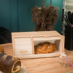 Wooden double bread box with lid, rustic bread storage container, large countertop organizer, farmhouse kitchen decor, handmade bread keeper