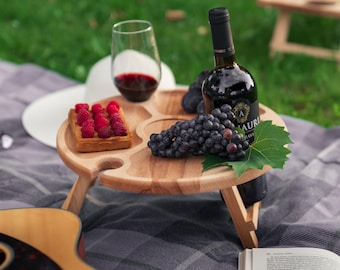 Foldable Wine Picnic Table with Bottle and Glass Holders, Outdoor Date and Balcony Serving, Natural Beech Wood Rustic Style
