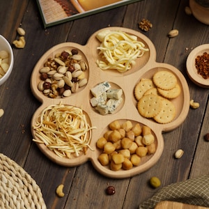 Wooden Snack Serving Tray, Natural Wood Divided Platter for Nuts, Cheese, Dried Fruit or Appetizers, Rustic Centerpiece for Table or Party