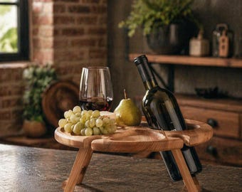 Wooden Wine Table for Serving, Compact Folding Small Table with 4 Glasses and 1 Bottle Slot, Outdoor Appetizers Organizer, Personalized Gift
