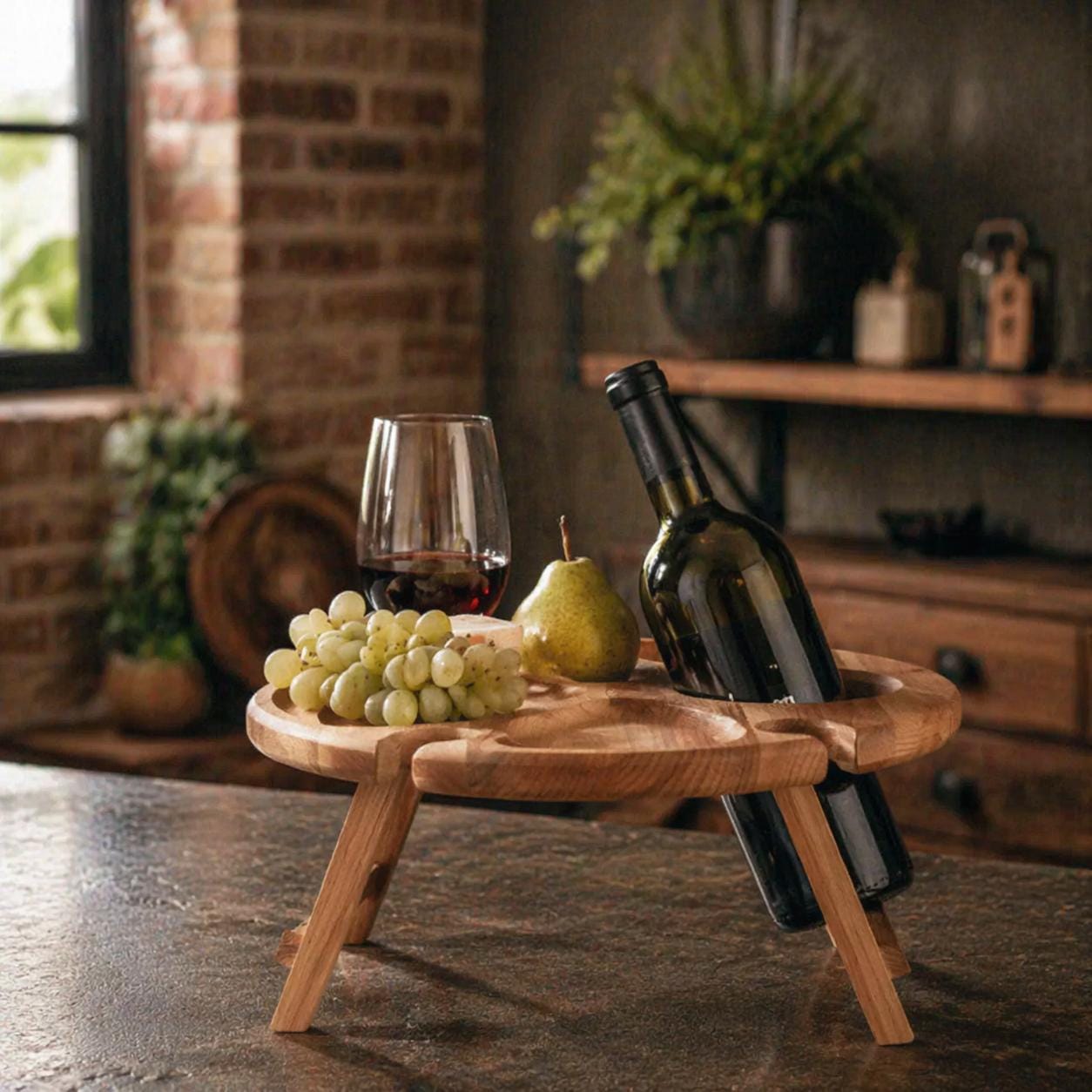 木製ワインテーブル Wooden Wine Table for Serving, Compact Folding Small Table with 4