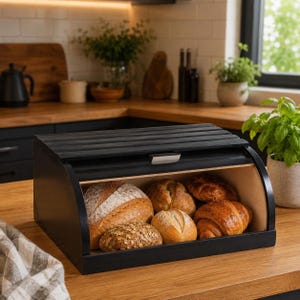 Rustic Wooden Bread Box, Loft Style Roll Top Bread Bin for Bakery & Buns, Kitchen Countertop Wood Bread Storage, Farmhouse Gift for Parents