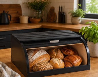 Panera rústica de madera, estilo loft con tapa enrollable, ideal para panadería y bollos, perfecta para colocar sobre la encimera de la cocina o como regalo rústico para padres.