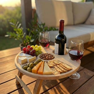 Könnte beinhalten: Ein runder Picknicktisch aus Holz mit einer Flasche Rotwein, zwei Weingläsern und Snacks. Die Snacks umfassen Trauben, Käse, Oliven, Mandeln und Cracker. Der Tisch steht im Freien.