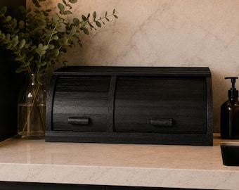 Double Section Bread Box with Sliding Lid, Kitchen Countertop Bread Organizer, Buns & Bakery Storage, Black Rustic Decor, Housewarming Gift