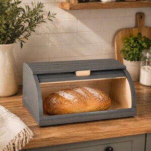 Roll Top Bread Box, Kitchen Countertop Storage for Fresh Bread & Bakery, Gray Vintage Bread Bin, Handmade Large Bread Box, Housewarming Gift