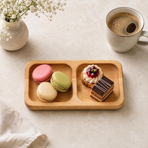 May include: A wooden serving tray with two compartments contains macarons and pastries. A cup of coffee sits nearby, and a small vase with white flowers is in the background. The scene is set on a light-coloured surface.