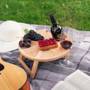 Mini Wooden Picnic Wine Table with Glass Holders, Folding Portable Snack Tray for Outdoor Parties, Camping, Beach or Garden Picnic