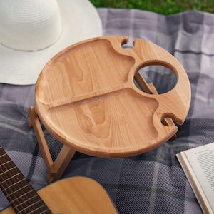 Folding Wine Picnic Table with Glass Holders, Portable Outdoor Snack Tray for Beach and Camping, Handmade Beech Wood Rustic Gift