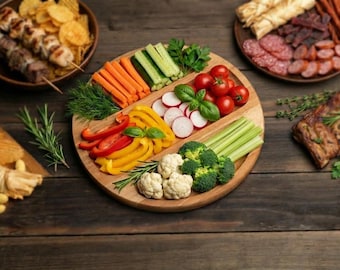 Round Wooden Snack Plate with Three Sections, Appetizer and Dip Serving for Parties and Gatherings, Handmade Beech Board Rustic Kitchen Gift
