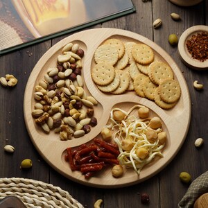 Wooden Snack Plate, Round 3 Section Serving Dish, Nut Appetizer Tray, Cheese Platter, Rustic Party Tableware, Natural Beech Wood Plate