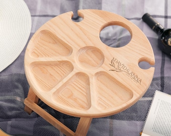 Personalisierter Weintisch, Weinregal im Freien, faltbares Weintablett, Picknicktisch aus Holz, Party-Serviertablett, Hochzeitspaargeschenk, benutzerdefinierter Wein