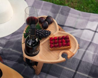 Heart Shaped Wine Table for Two, Portable Picnic Table with Bottle and Glass Holder, Romantic Date Table for Couples