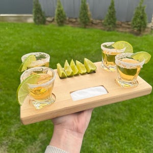 Wooden tequila serving tray for 4 glasses with lime and salt section, funny bar gift idea for house party, birthday or bachelor celebration