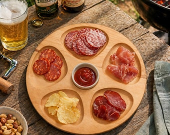 Round Wooden Divided Serving Tray, BBQ Party Snack Board, Rustic Kitchen Plate, Natural Wood Appetizer Platter, Charcuterie Board, Home Gift