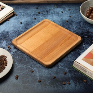 Minimalist Square Wooden Plate, Beech Wood Dessert Tray for Coffee, Snacks or Charcuterie, Natural Wood Modern Tableware, Gift for Home