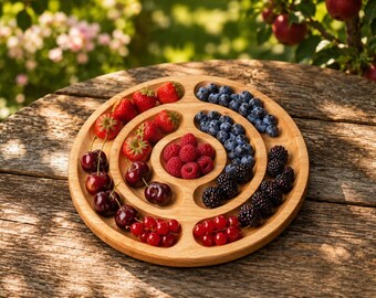 Personalized Round Wooden Serving Tray, Rustic Garden Engraved Platter for Berries & Fruits, Outdoor Snack Board for Party and Gathering