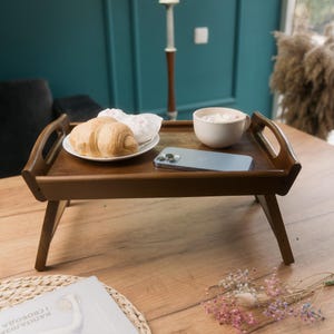 Breakfast Tray Table for Bed, Foldable Wooden Serving Table with Handles, Elegant Lap Desk for Coffee, Snacks or Cozy Morning Rituals