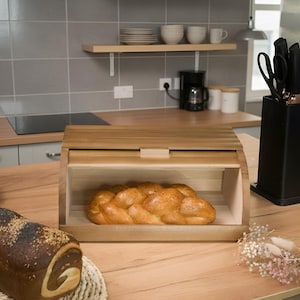 Wooden Bread Box with Sliding Lid, Farmhouse Bread Box with Roll Top, Wooden Bread Storage Bin and Bread Keeper, Bread Baking Lovers Gift