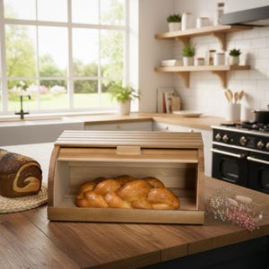 Può includere: Un portapane in legno con coperchio a rullo, che mostra una pagnotta di pane intrecciato all'interno. Un'altra pagnotta di pane è su un tappetino intrecciato a sinistra. L'ambiente della cucina comprende una finestra, mensole in legno e una stufa.