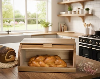 Wooden Bread Box With Roll Top Lid, Rustic Kitchen Storage Organizer, Fresh Bakery Countertop Storage